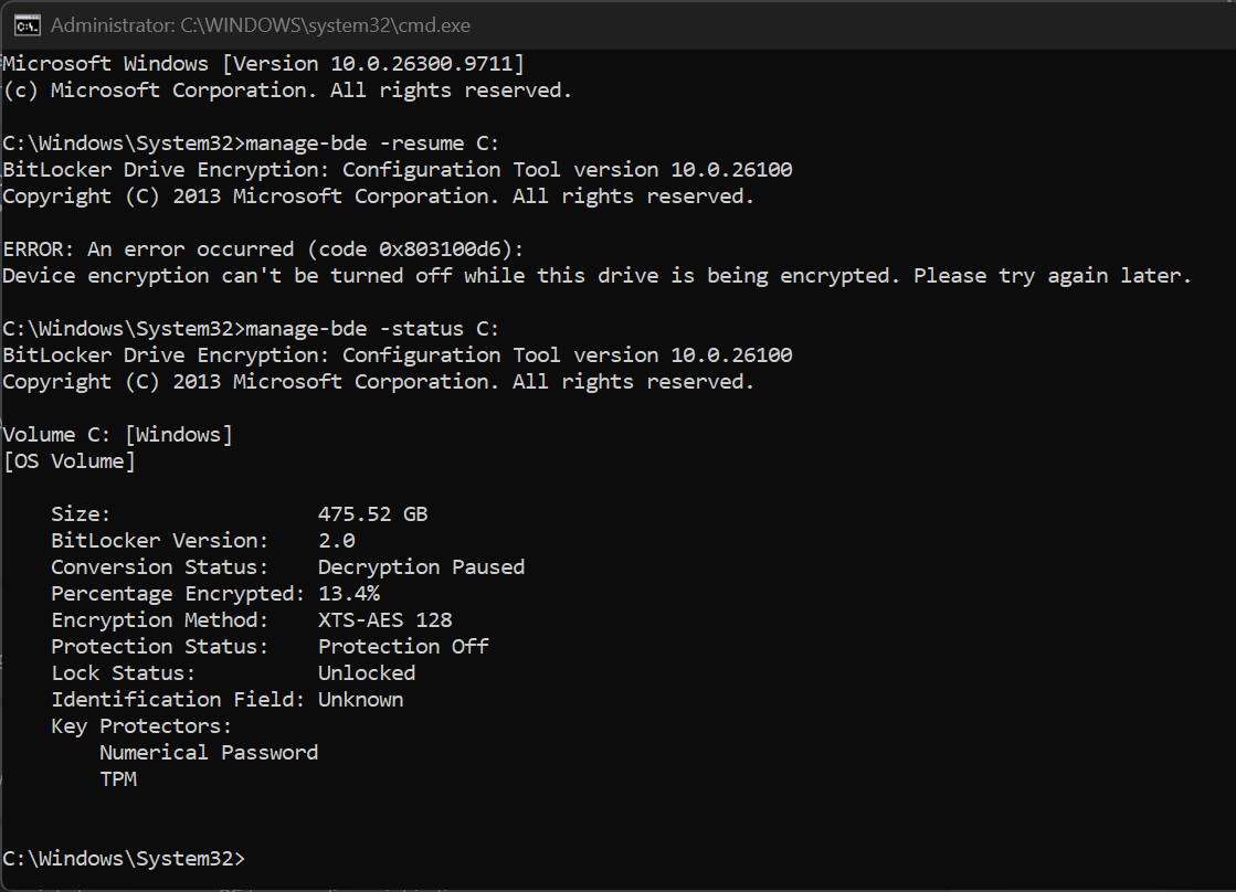 Bitlocker : Decryption paused at 86.5%. Resuming with Error 0x803100d6 ...