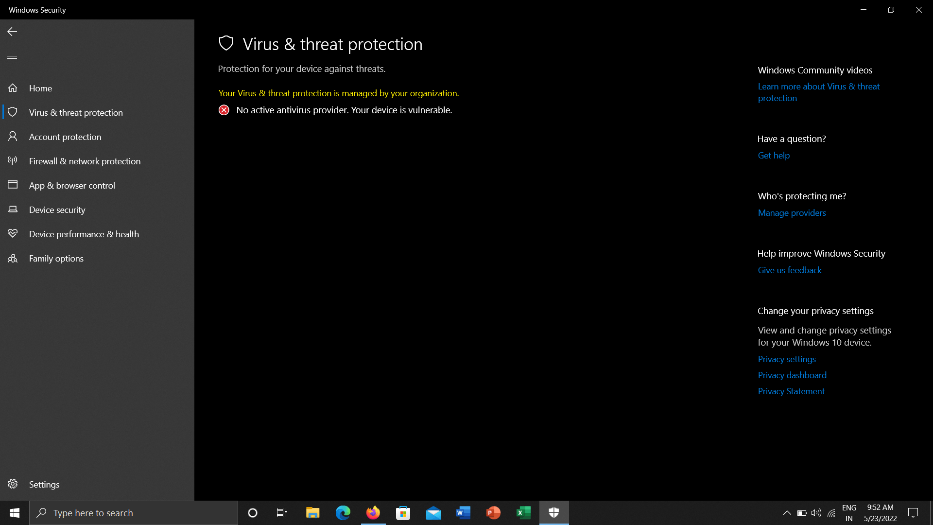 Windows defender showing a red cross sign - Microsoft Q&A