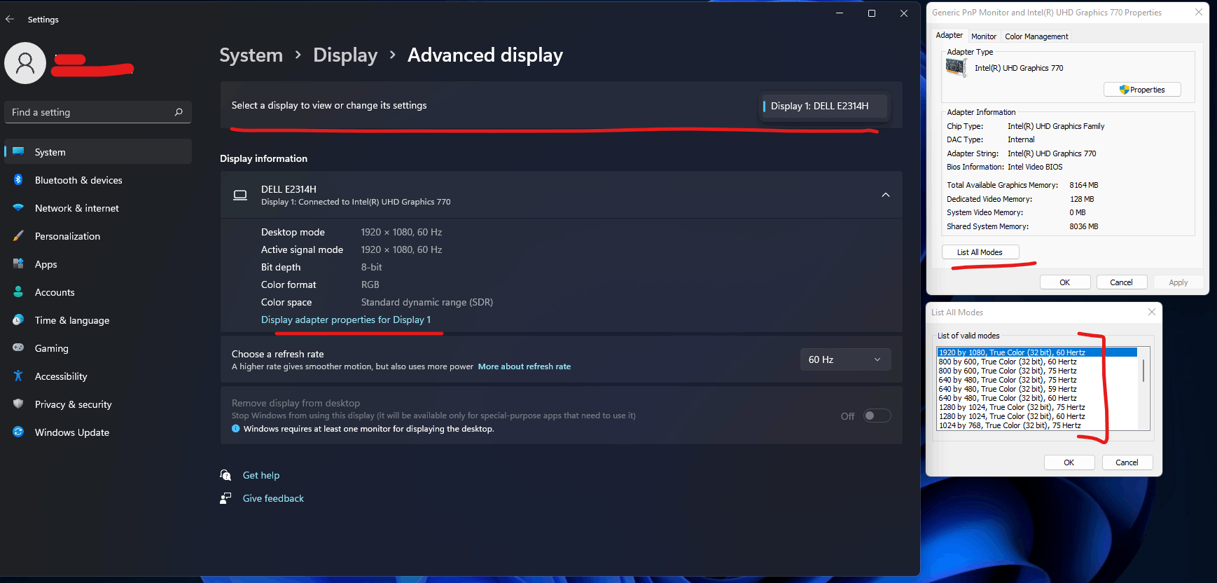 Changing display settings for 