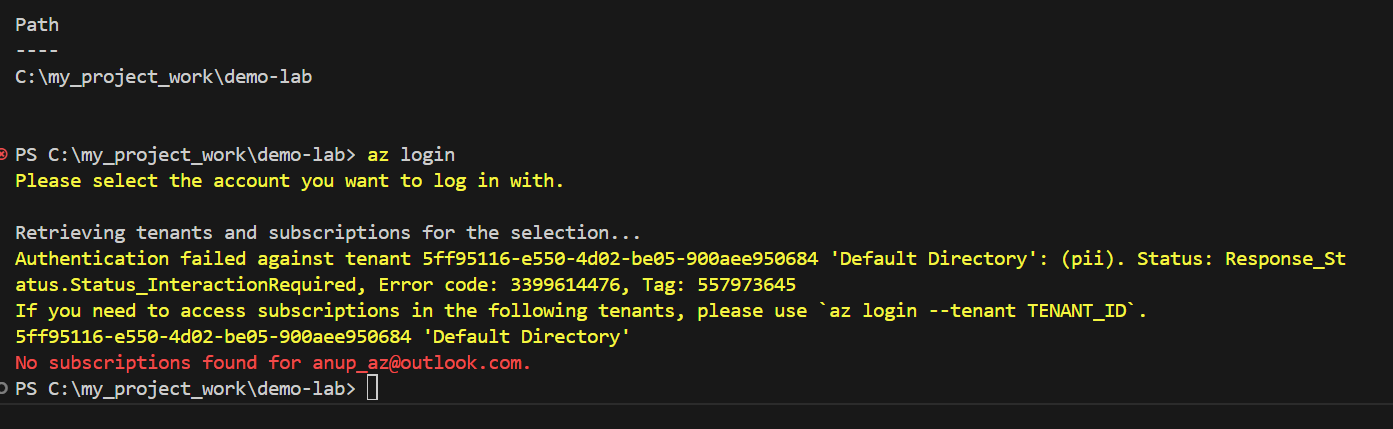 az login error screenshot