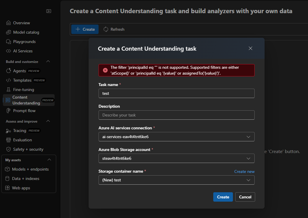 Unable to create Content Understanding project - An unexpected error ...