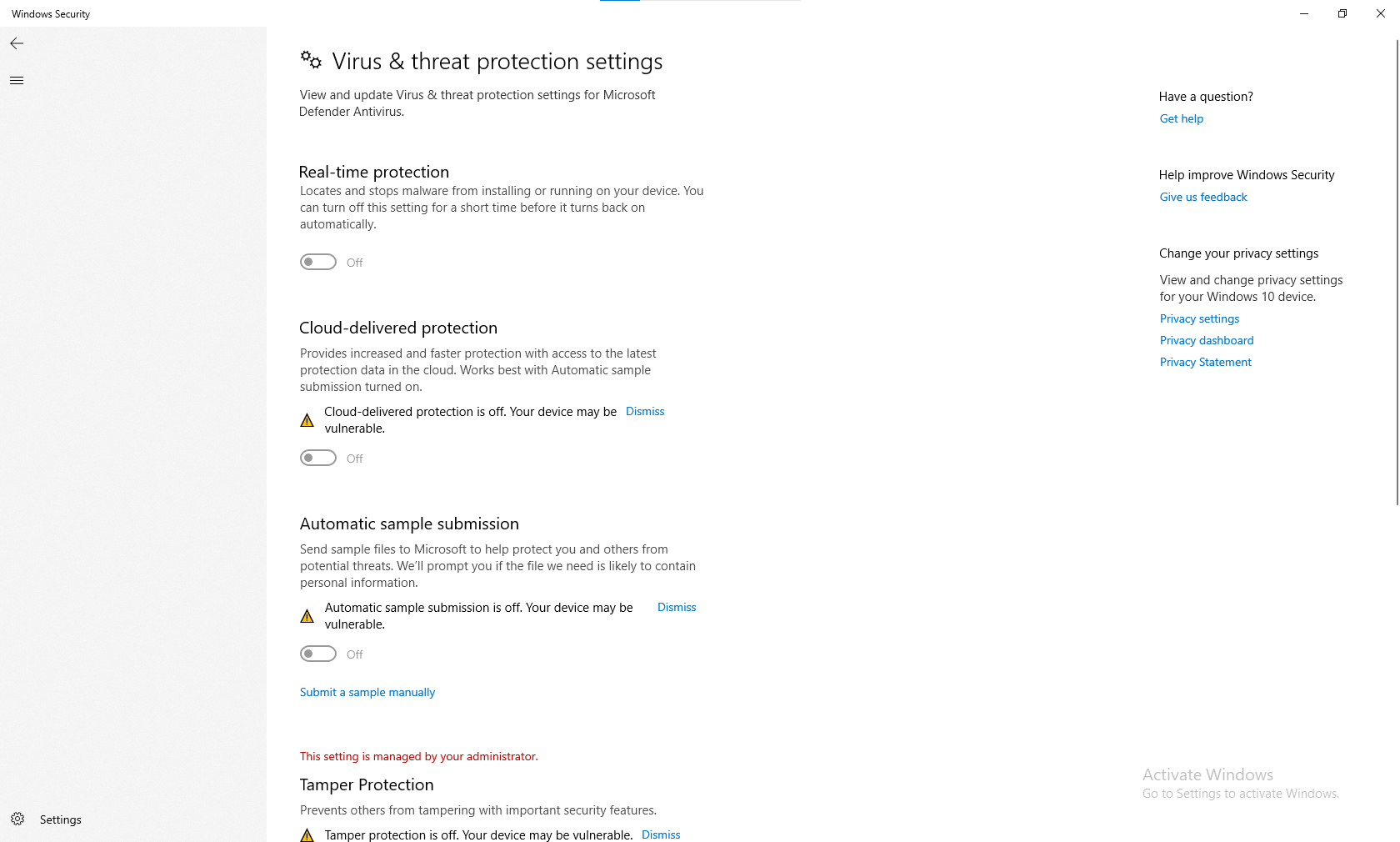 ok so the whole virus & threat protection settings is disabled, i do ...