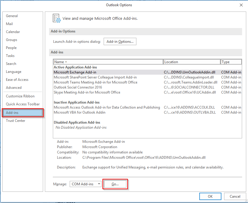 Outlook Options Pane