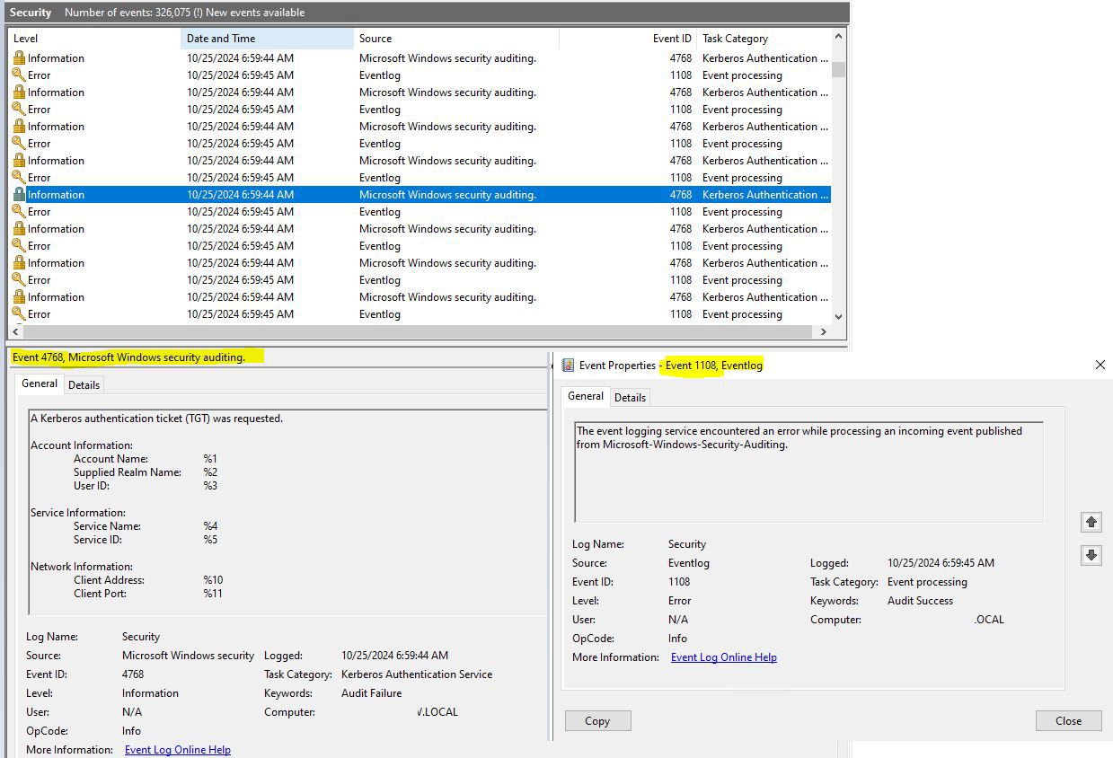 Many Event 4768, Ms Windows security auditing with Event id 1108 error ...