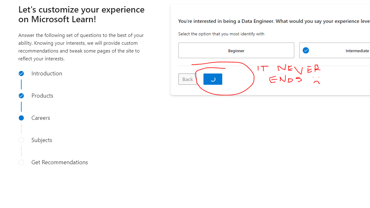 Endless Spinning Wheel when Following the Customize Experience Wizard