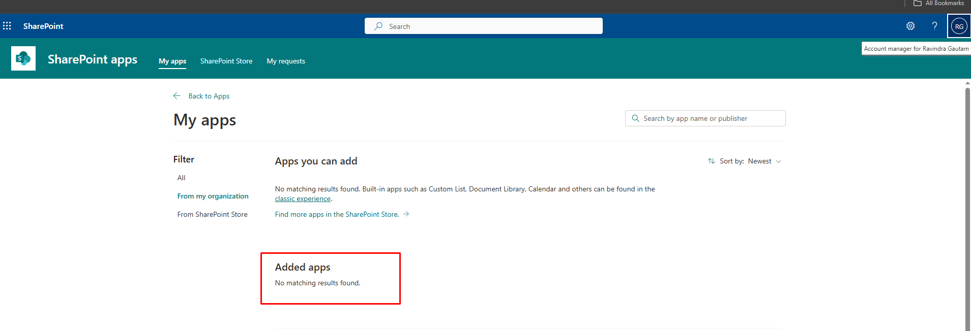 SharePoint app is visible under 