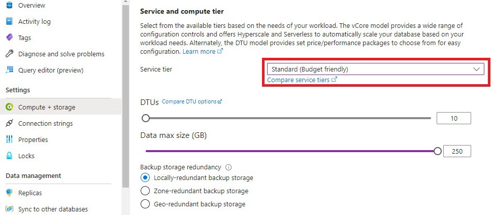 azure sql database scale up sku