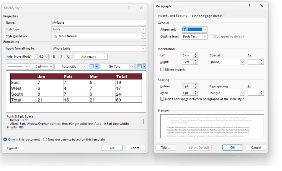 Font size and paragraph spacing set in table style dont work at all ...