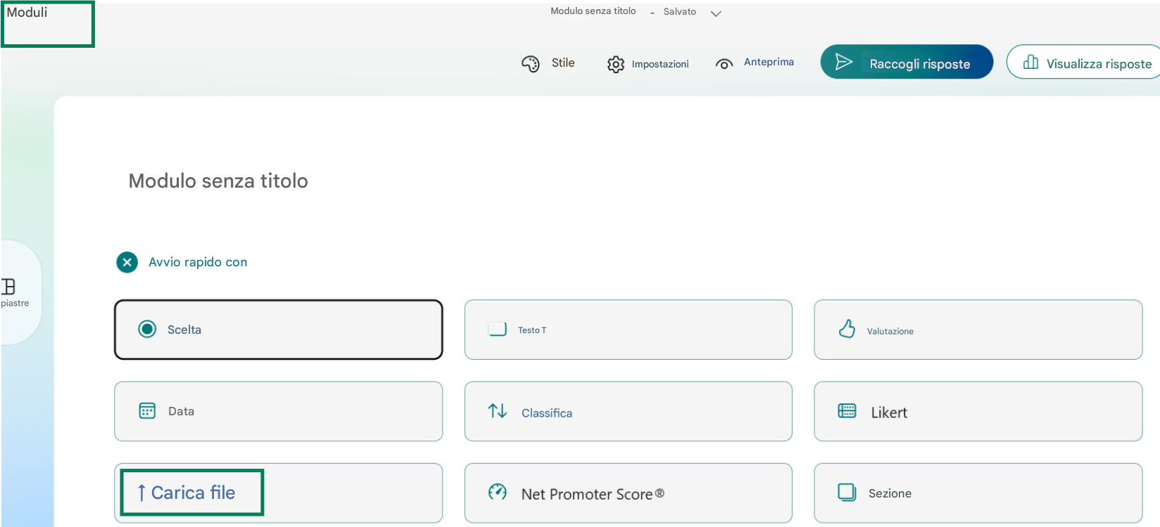 ModuliModulo senza titoloSalvatoStileImpostazioniAnteprimaRaccogli risposteVisualizza risposteModulo senza titoloBpiastreAvvio rapido conSceltaTesto TValutazioneDataClassificaLikert↑ Carica fileNet Promoter Score®Sezione