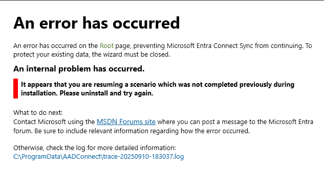 Issue with upgrading connect sync, incomplete installation - failed ...