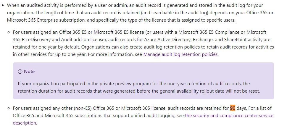 Office 365 audit logs from a year ago - Microsoft Q&A