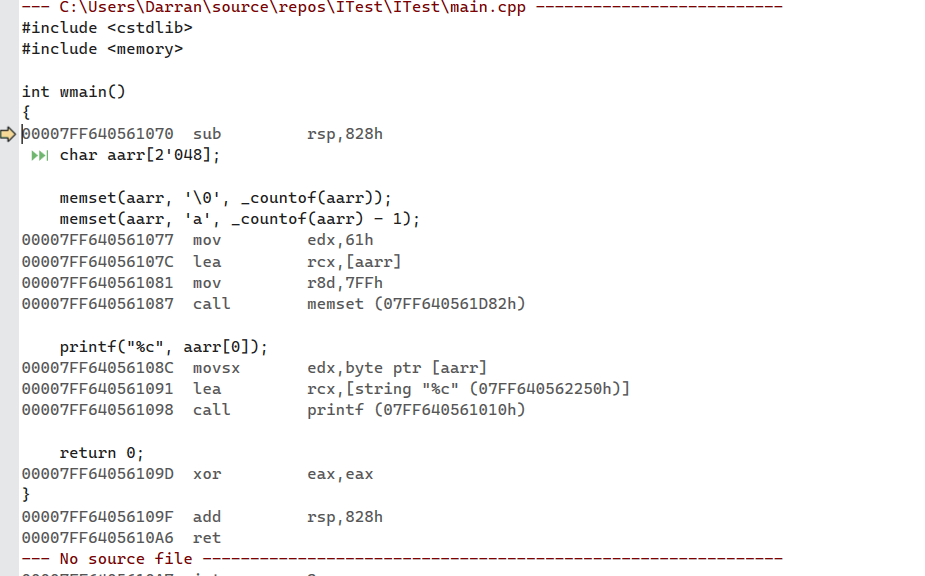 Image showing how a large buffer causes memset to be called