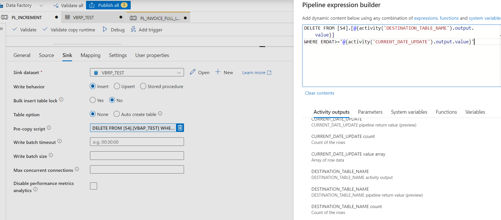 dynamic expression in pre SQL script on Azure SQL sink results in error  running pipeline - Microsoft Q&A