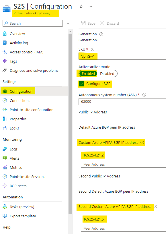 Not able to turn on the private IP or custom BGP addresses on the ...