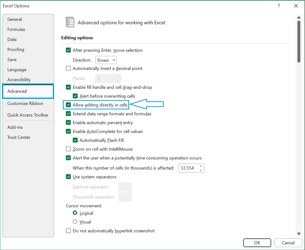EXCEL pointer issue off one cell Must click cell to right to activate ...