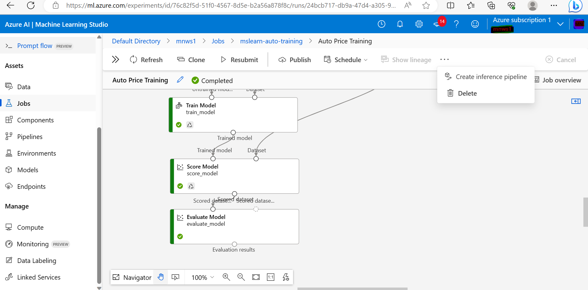 Azure create inference pipeline issue