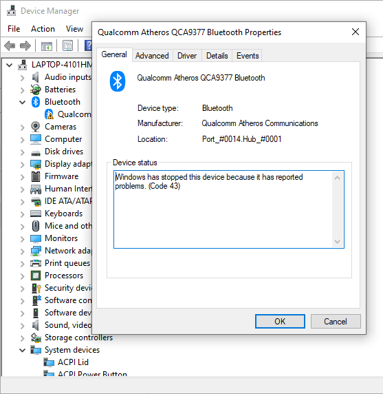 Bluetooth Error Code 43 - Microsoft Q&A