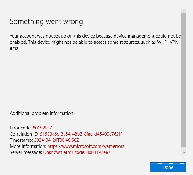 ERROR CODE :80192EE7. Your account was not setup in device because 