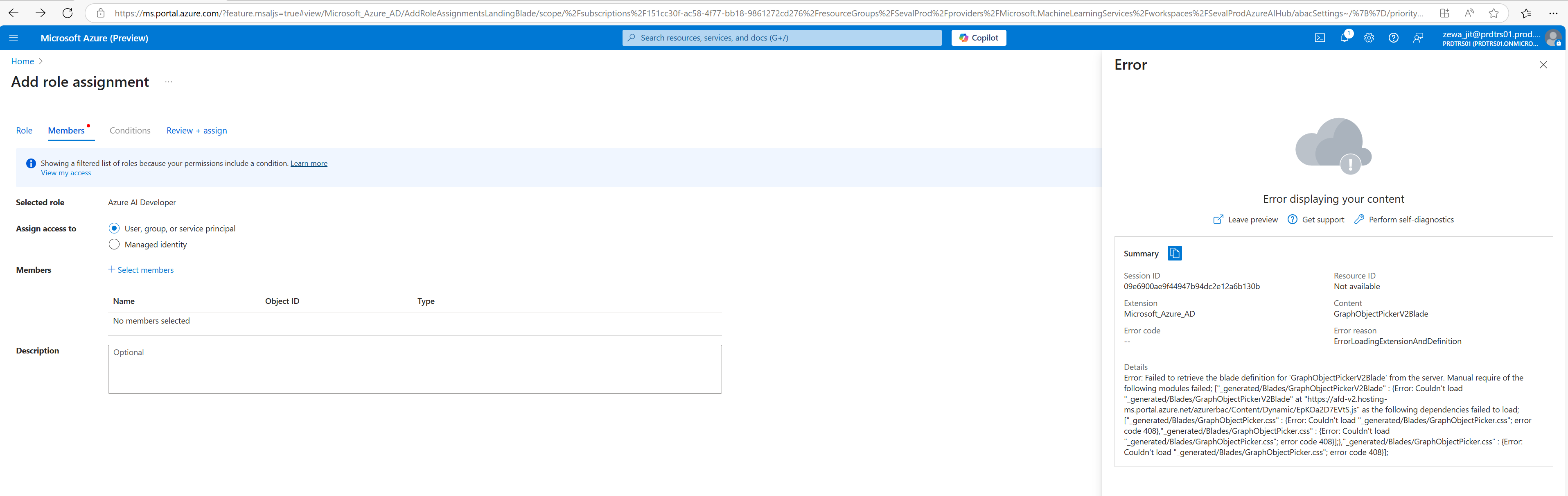 Cannot load the side panel for selecting group/user when assign a role ...