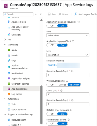 Azure WebJob log streaming to storage account - Microsoft Q&A