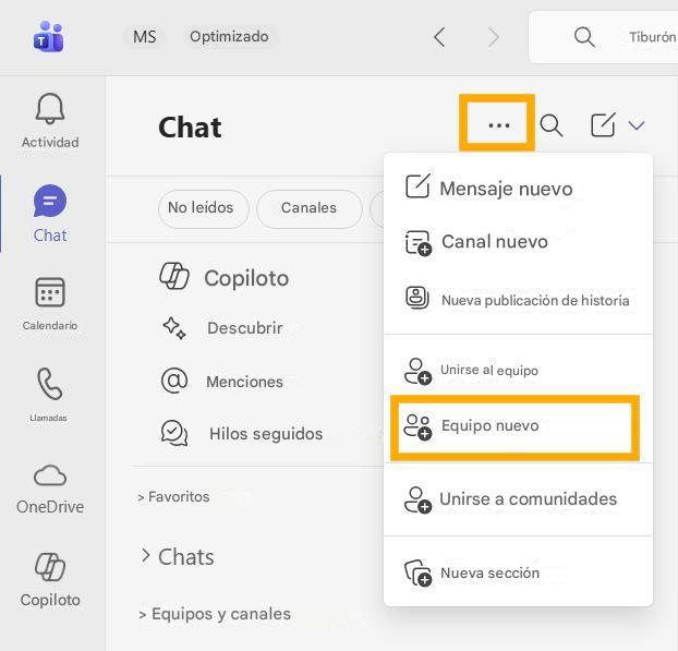 MSOptimizadoTiburónActividadChat...ChatNo leídosCanalesMensaje nuevoCanal nuevoCalendarioCopilotoNueva publicación de historiaDescubrirMencionesUnirse al equipoLlamadasHilos seguidosEquipo nuevoOneDrive> FavoritosUnirse a comunidadesCopiloto> ChatsNueva sección> Equipos y canales
