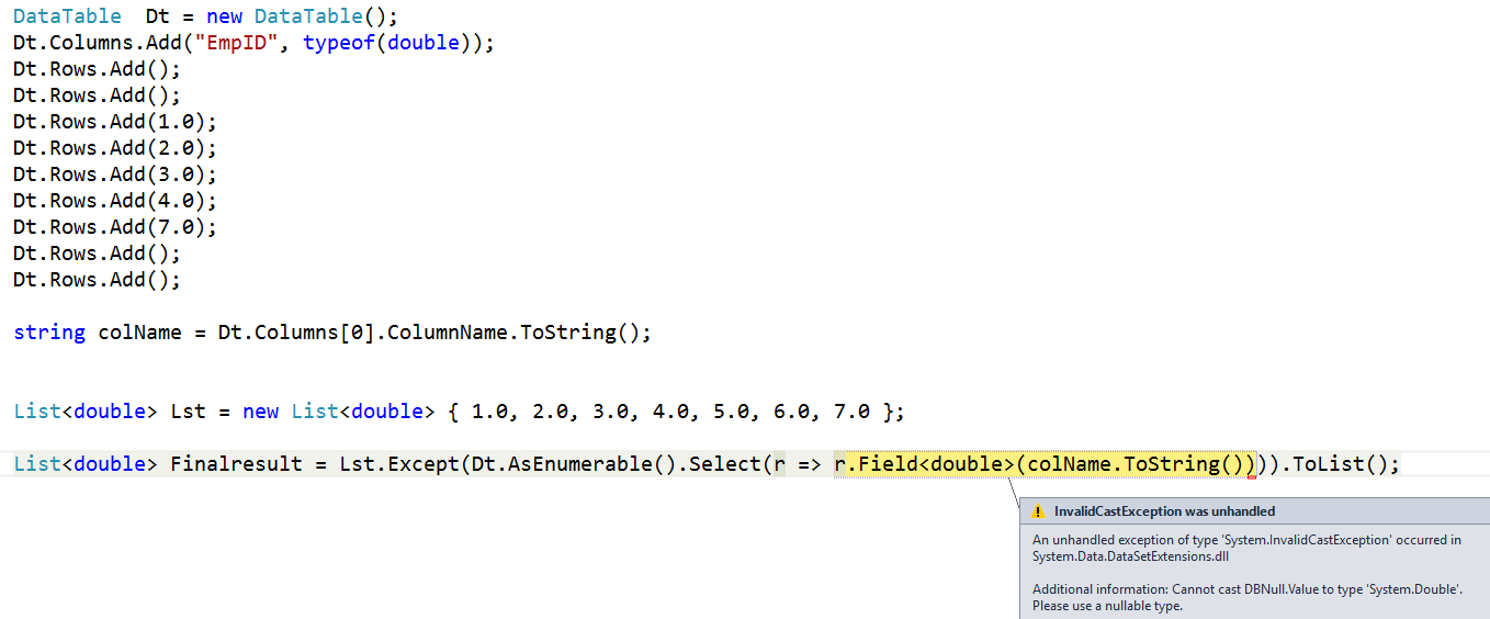 How to find missing values from the data table using LINQ C#