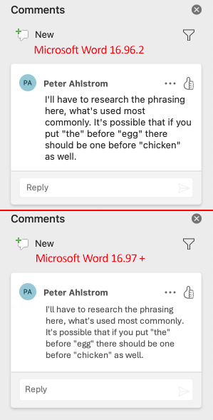 Microsoft Word 16.97+ shrank the size of the Modern Comments sidebar ...