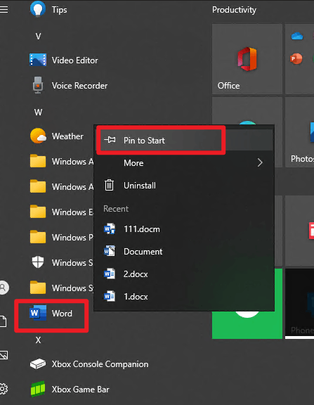 Unpinned word app - Microsoft Q&A