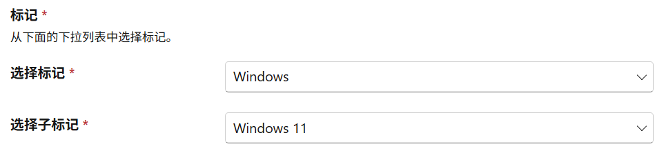 Microsoft Q&A 社区“提问”页面的的屏幕截图，显示了标签选择器下方选中的 Windows 标签和 Windows 11 子标签。它们都是必填项目，标签旁附有红色星号。