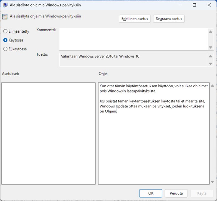 Voit sulkea ohjaimet pois Windowsin laatupäivityksistä.