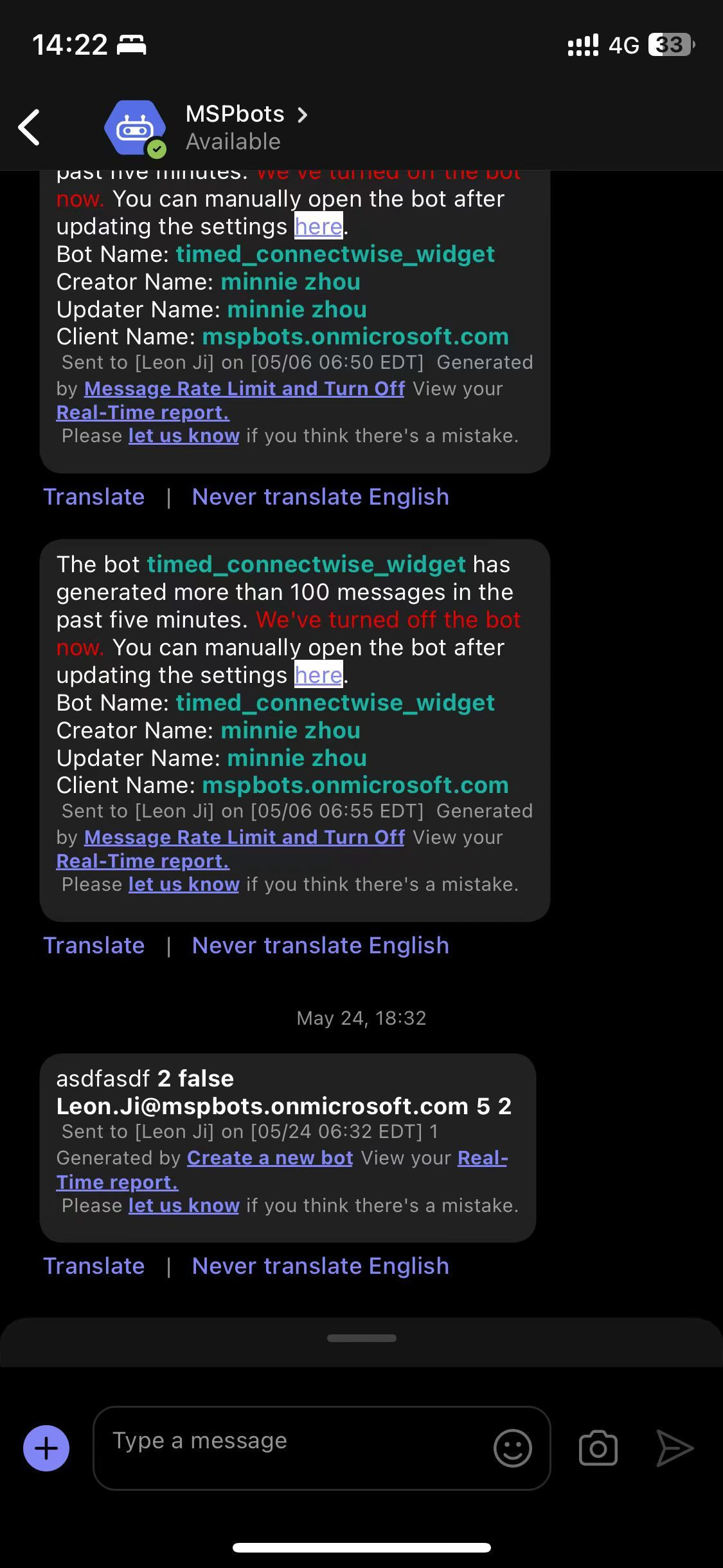 After entering Teams on iOS, the bot app automatically enters and ...