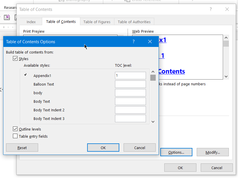 word document table of contents missing headings