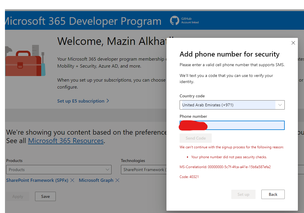 Unable to setup microsoft 365 developer program e5 subscription