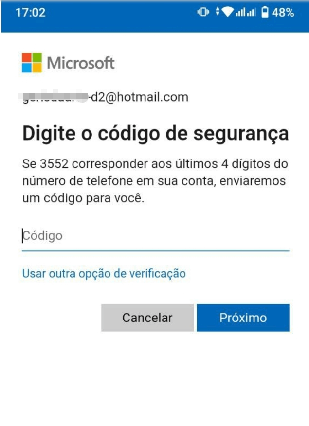 nao consigo receber o codigo de confirmação pelo celular