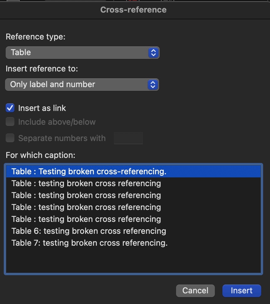 Table numbers not visible when trying to create Cross-reference in Word ...