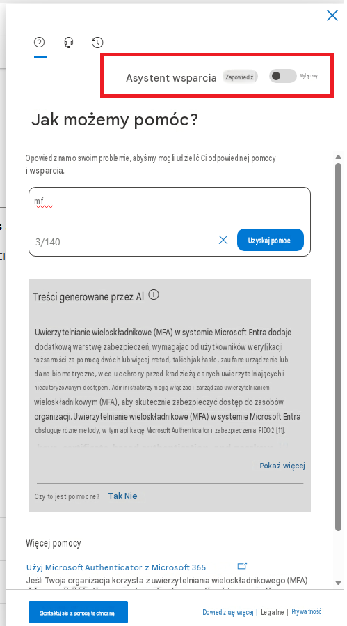 XAsystent wsparciaZapowiedźWyłączonyJak możemy pomóc?Opowiedz nam o swoim problemie, abyśmy mogli udzielić Ci odpowiedniej pomocy i wsparcia.mf3/140XUzyskaj pomocTreści generowane przez AlUwierzytelnianie wieloskładnikowe (MFA) w systemie Microsoft Entra dodaje dodatkową warstwę zabezpieczeń, wymagając od użytkowników weryfikacji tożsamości za pomocą dwóch lub więcej metod, takich jak hasło, zaufane urządzenie lub dane biometryczne, w celu ochrony przed kradzieżą danych uwierzytelniających i nieautoryzowanym dostępem. Administratorzy mogą włączać i zarządzać uwierzytelnianiem wieloskładnikowym (MFA), aby skutecznie zabezpieczyć dostęp do zasobów organizacji. Uwierzytelnianie wieloskładnikowe (MFA) w systemie Microsoft Entra obsługuje różne metody, w tym aplikację Microsoft Authenticator i zabezpieczenia FIDO2 [11].Pokaż więcejCzy to jest pomocne?Tak NieWięcej pomocyUżyj Microsoft Authenticator z Microsoft 365Jeśli Twoja organizacja korzysta z uwierzytelniania wieloskładnikowego (MFA)Skontaktuj się z pomocą technicznąDowiedz się więcej |Legalne |Prywatność