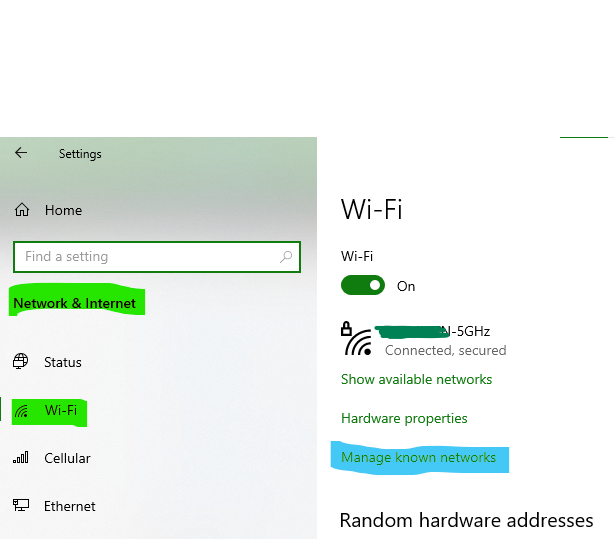 Windows 10 Settings >Network > WiFi >??? Manage Known Networks ...