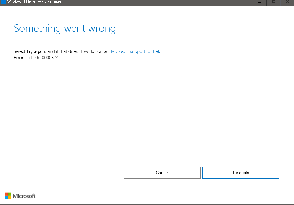 error code 0xc0000374 when trying to upgrade from windows 10