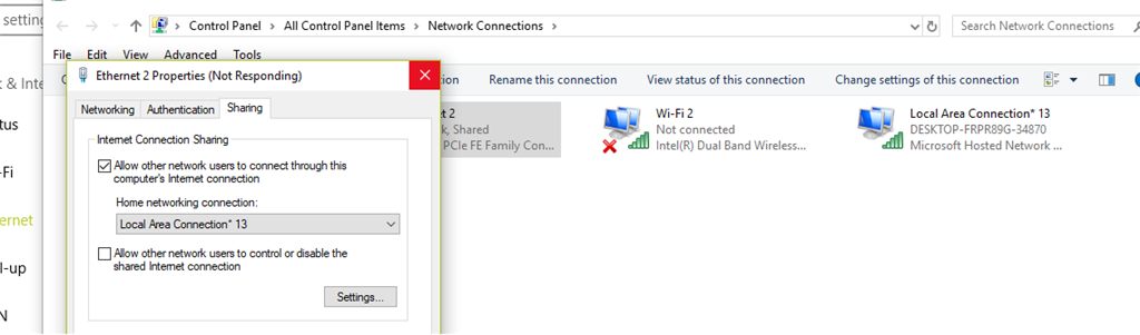 Ethernet properties not responding when i share the connection ...