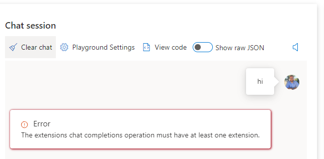 Error The extensions chat completions operation must have at least one ...