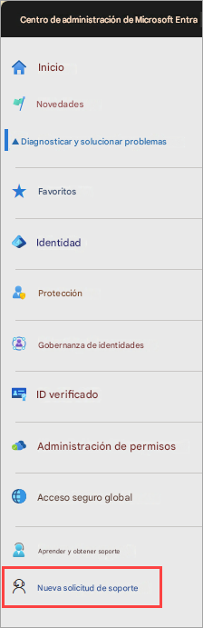 Centro de administración de Microsoft EntraInicioNovedades▲ Diagnosticar y solucionar problemasFavoritosIdentidadProtecciónGobernanza de identidadesID verificadoAdministración de permisosAcceso seguro globalAprender y obtener soporteNueva solicitud de soporte