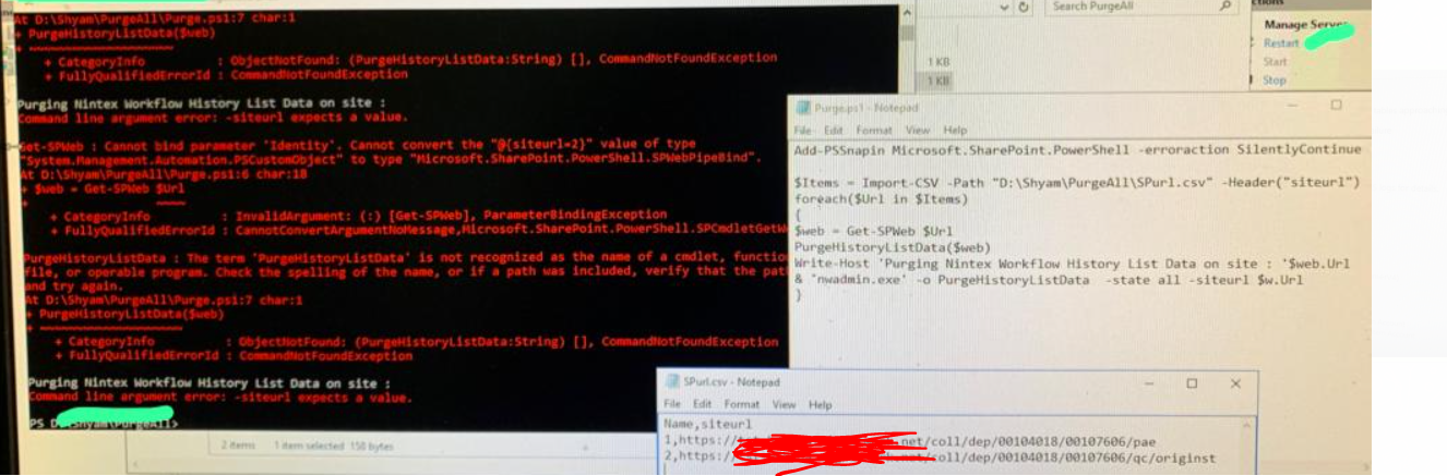 Purging the workflow history from sites list mentioned in CSV file ...