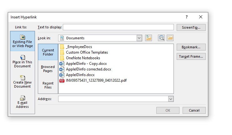Insert Hyperlink Dialog Box - Outlook - Microsoft Q&A