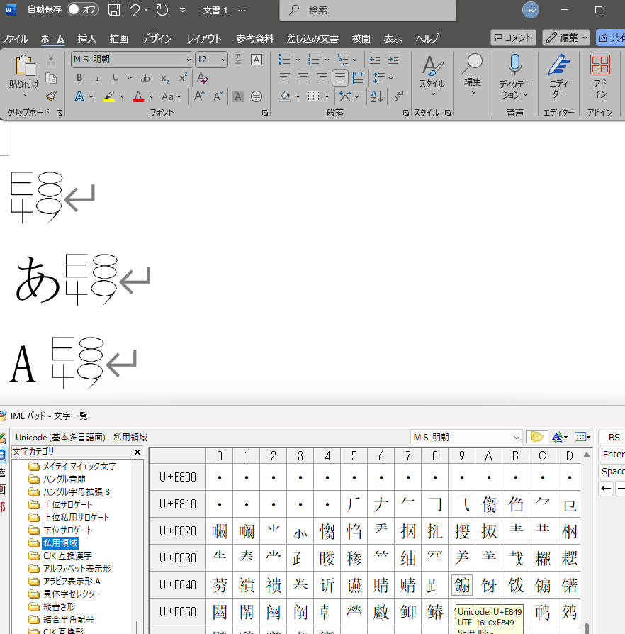 Word-全てのフォント(EUDC)-MS明朝