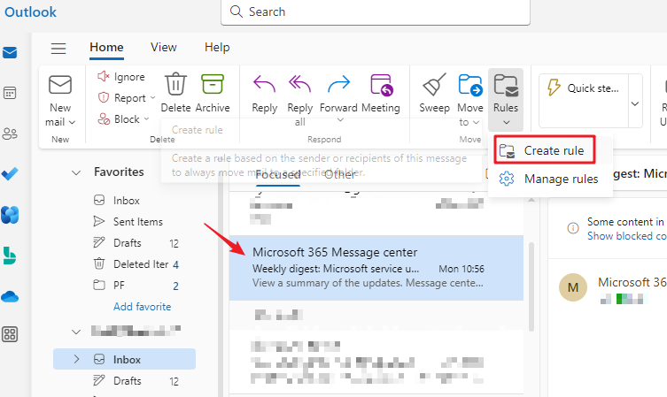 New Microsoft Outlook+ Outlook on the web - Create rule option Greyed ...