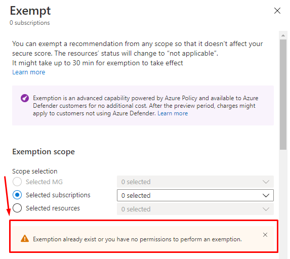 I can not exempt a security center recommendation - Microsoft Q&A