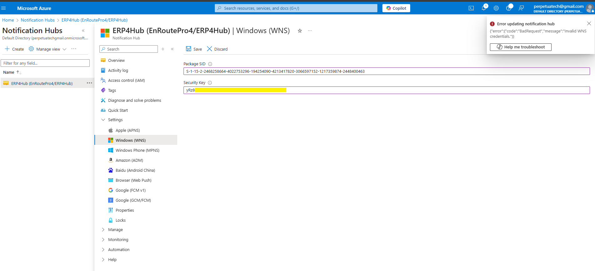 Step 3 of Configure WNS settings for the hub