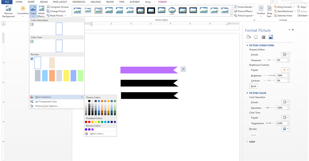 word 2016/picture tool/color/recolor/more variations not working ...