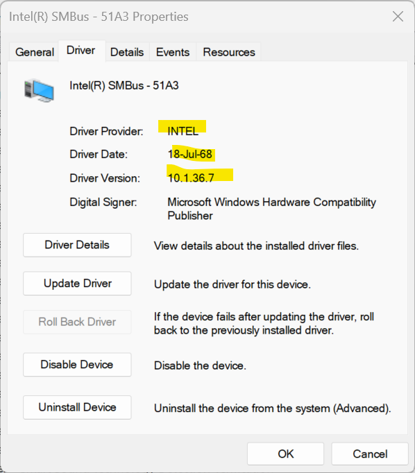Device's Driver tab