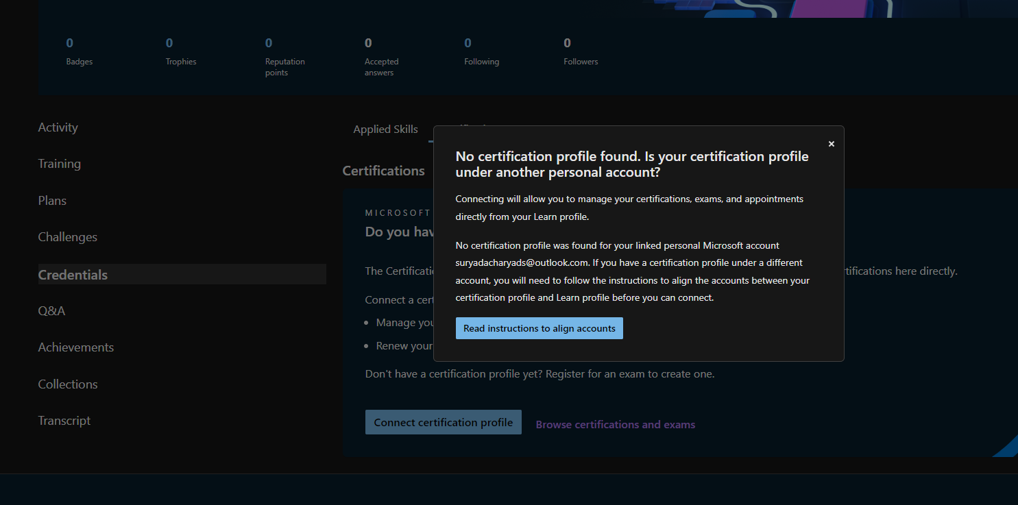 Certifications not reflecting microsoft account after giving exam from